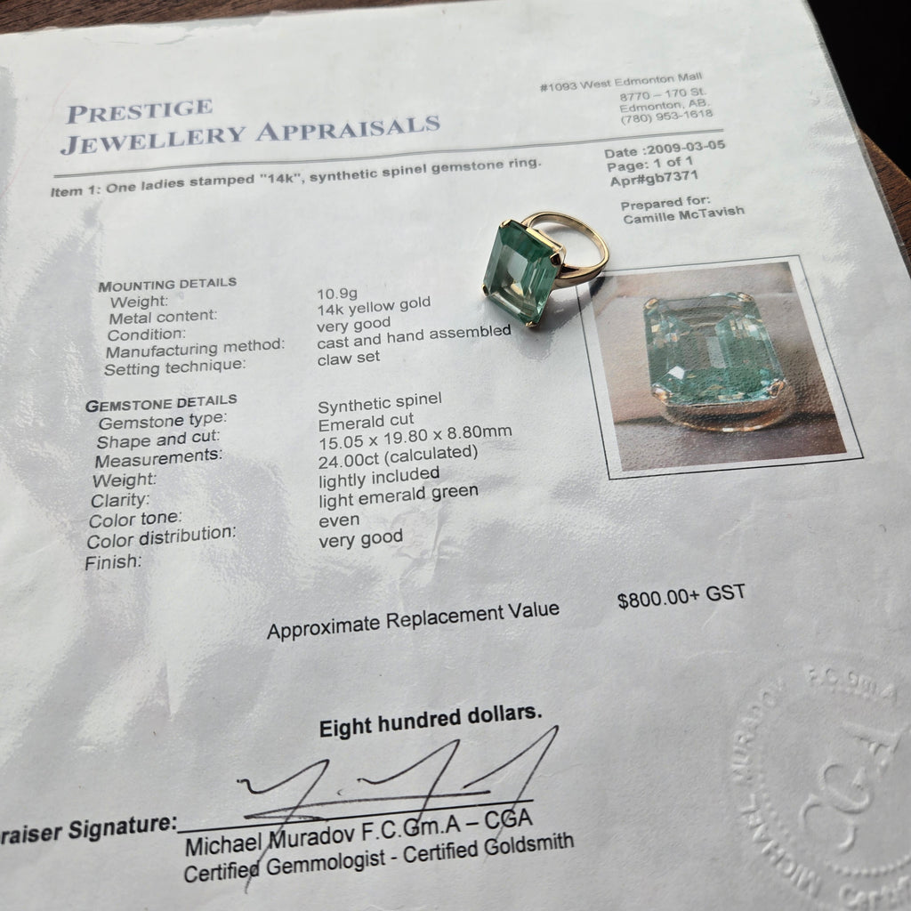 14K Gold 24ct Green Spinel Ring - Emerald Cut - Size 6
