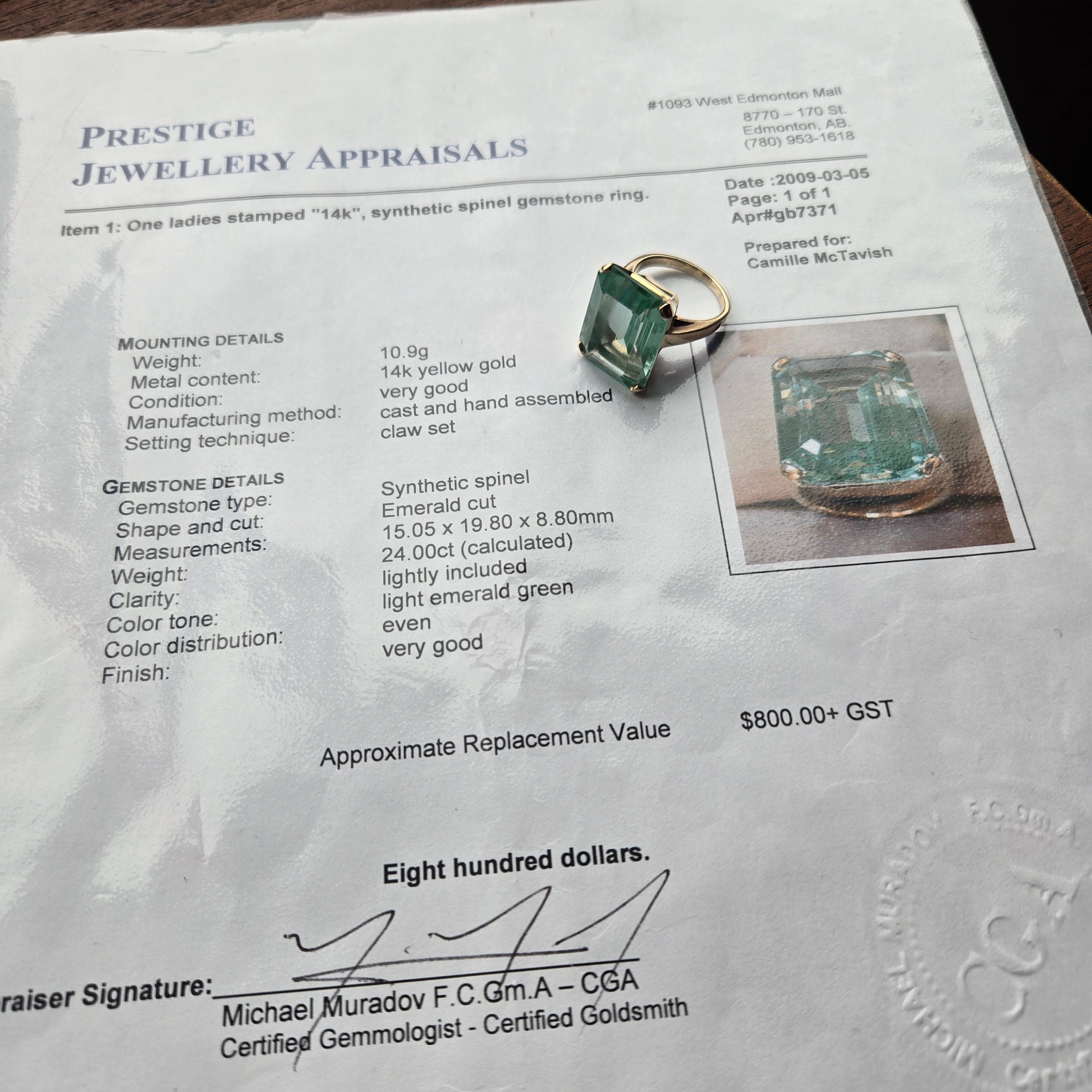 14K Gold 24ct Green Spinel Ring - Emerald Cut - Size 6
