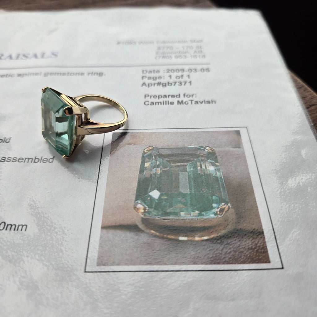14K Gold 24ct Green Spinel Ring - Emerald Cut - Size 6