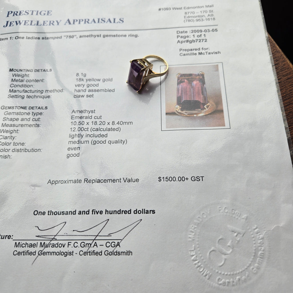 18K Gold 12ct Emerald Cut Amethyst Ring - Size 5.75