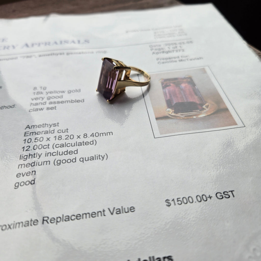 18K Gold 12ct Emerald Cut Amethyst Ring - Size 5.75
