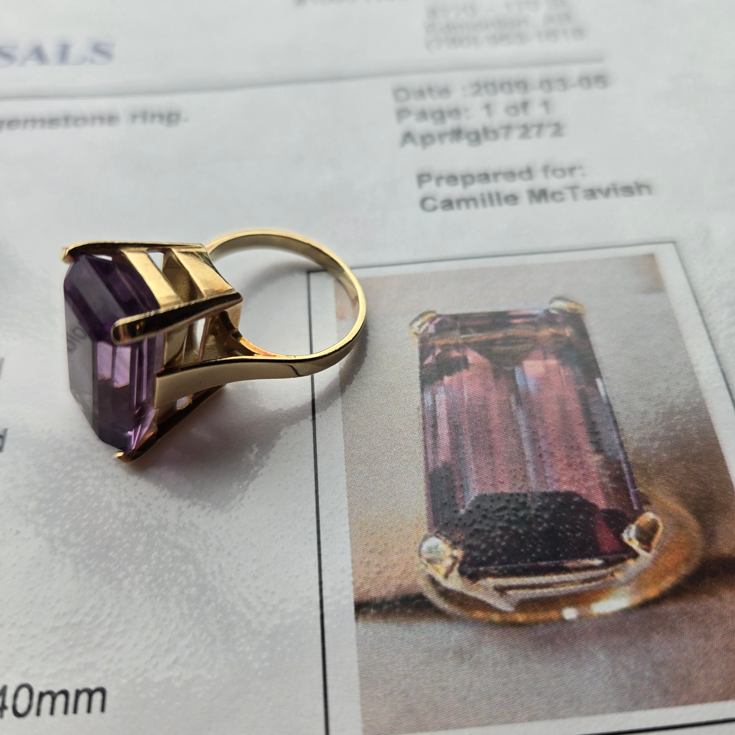 18K Gold 12ct Emerald Cut Amethyst Ring - Size 5.75