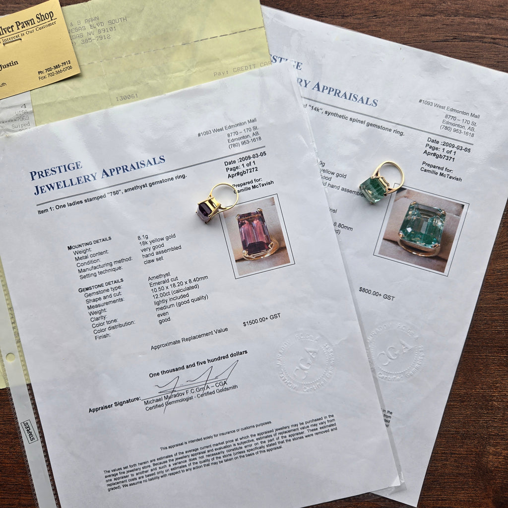 18K Gold 12ct Emerald Cut Amethyst Ring - Size 5.75