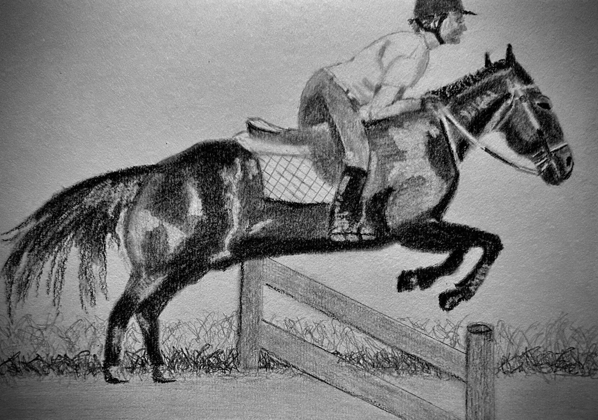 Clearing the Jump — Original Charcoal & Pencil Drawing (6" × 9")