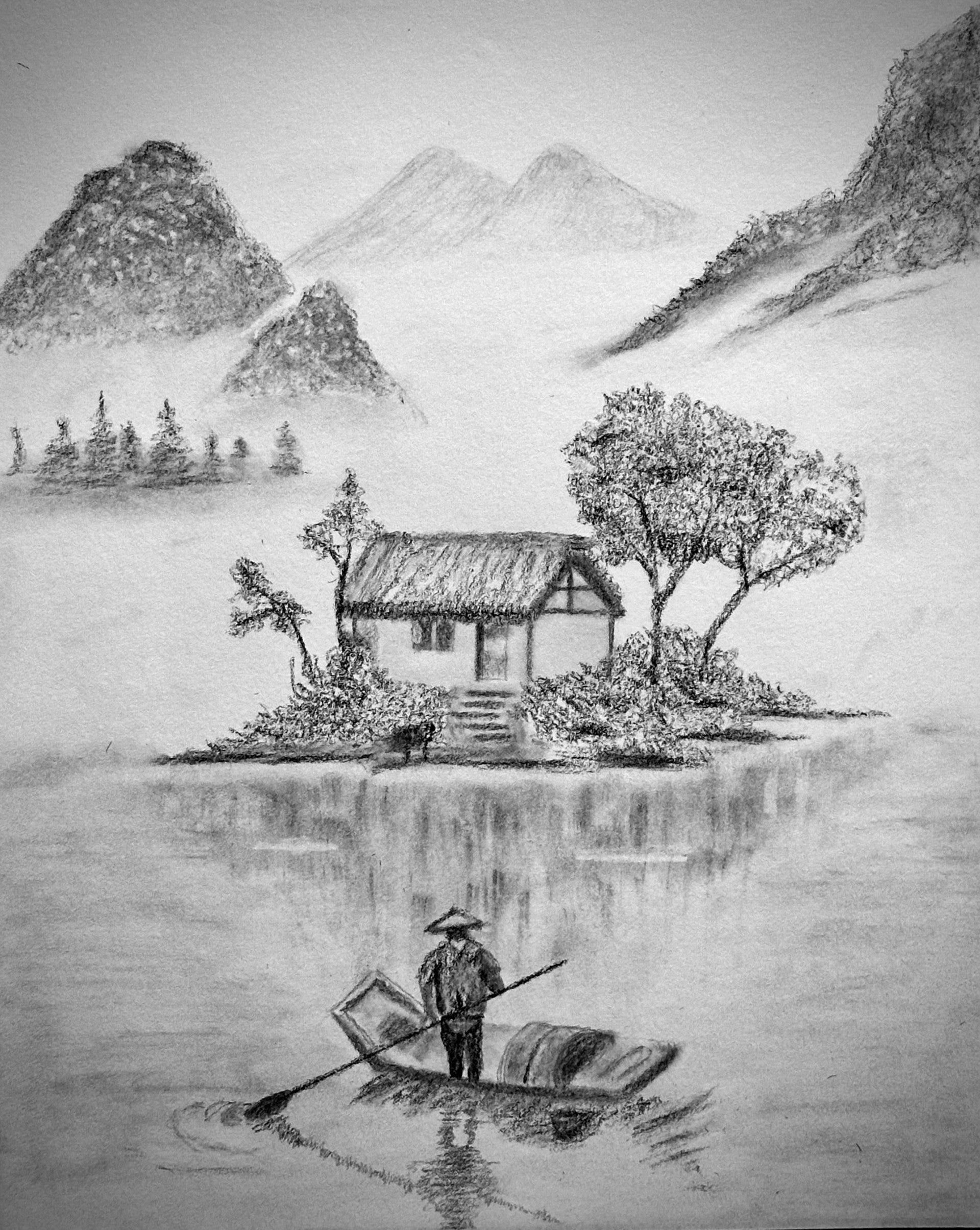 Across the Water — Original Charcoal & Pencil Drawing (11" × 8")