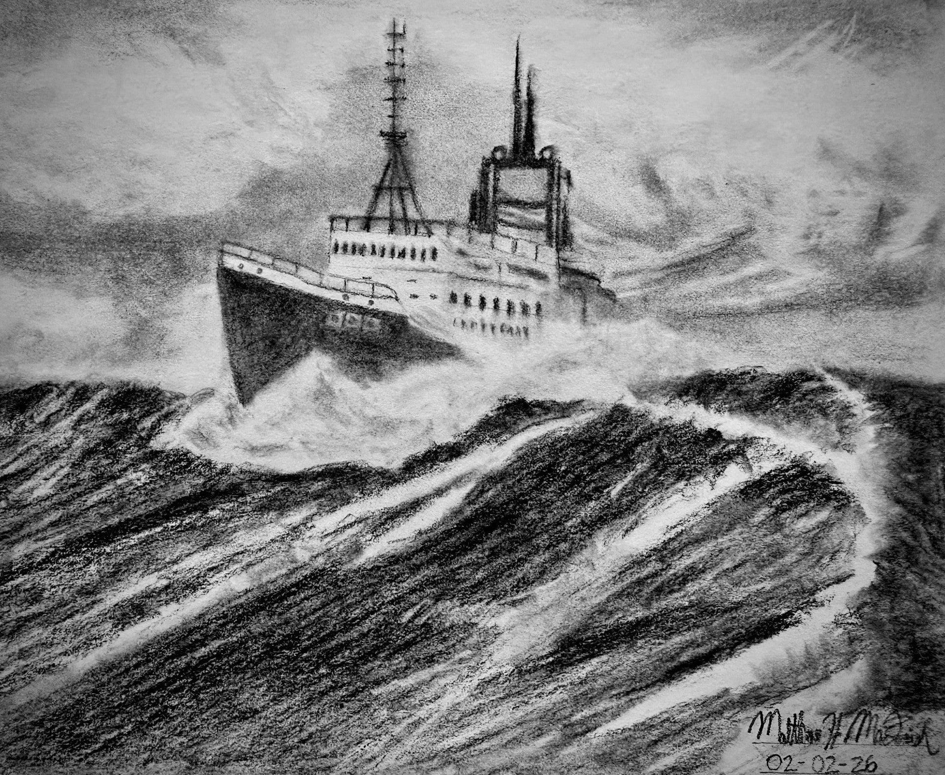 Into the Gale — Original Charcoal & Pencil Drawing (11" × 8")