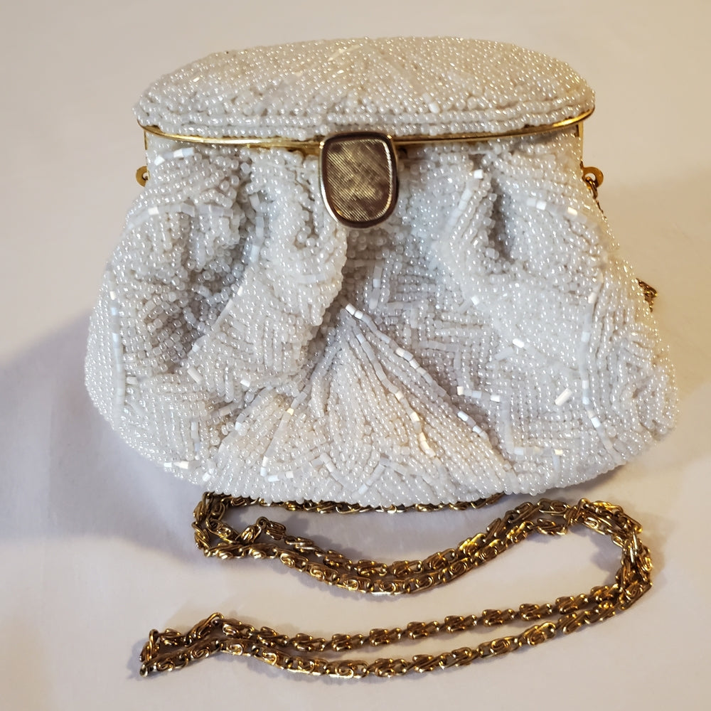 Antique 1920s White Beaded Evening Purse | Gold Chain Frame