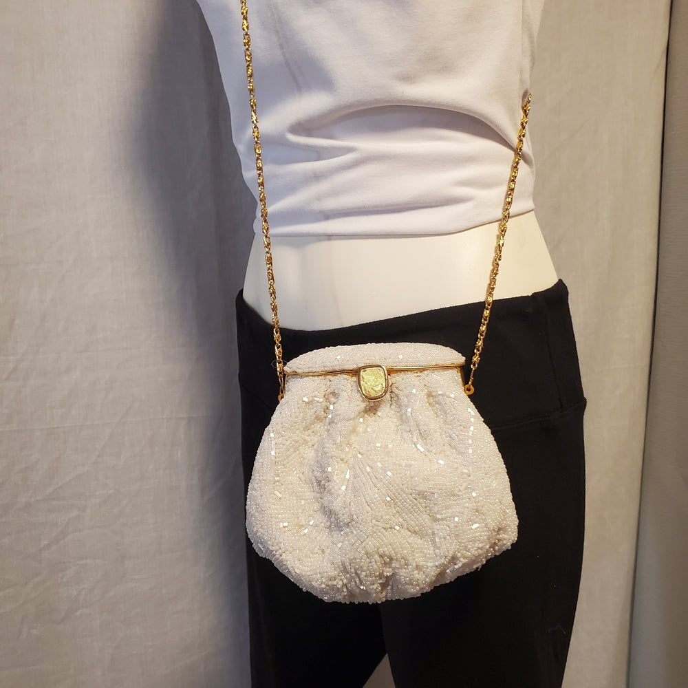 Antique 1920s White Beaded Evening Purse | Gold Chain Frame