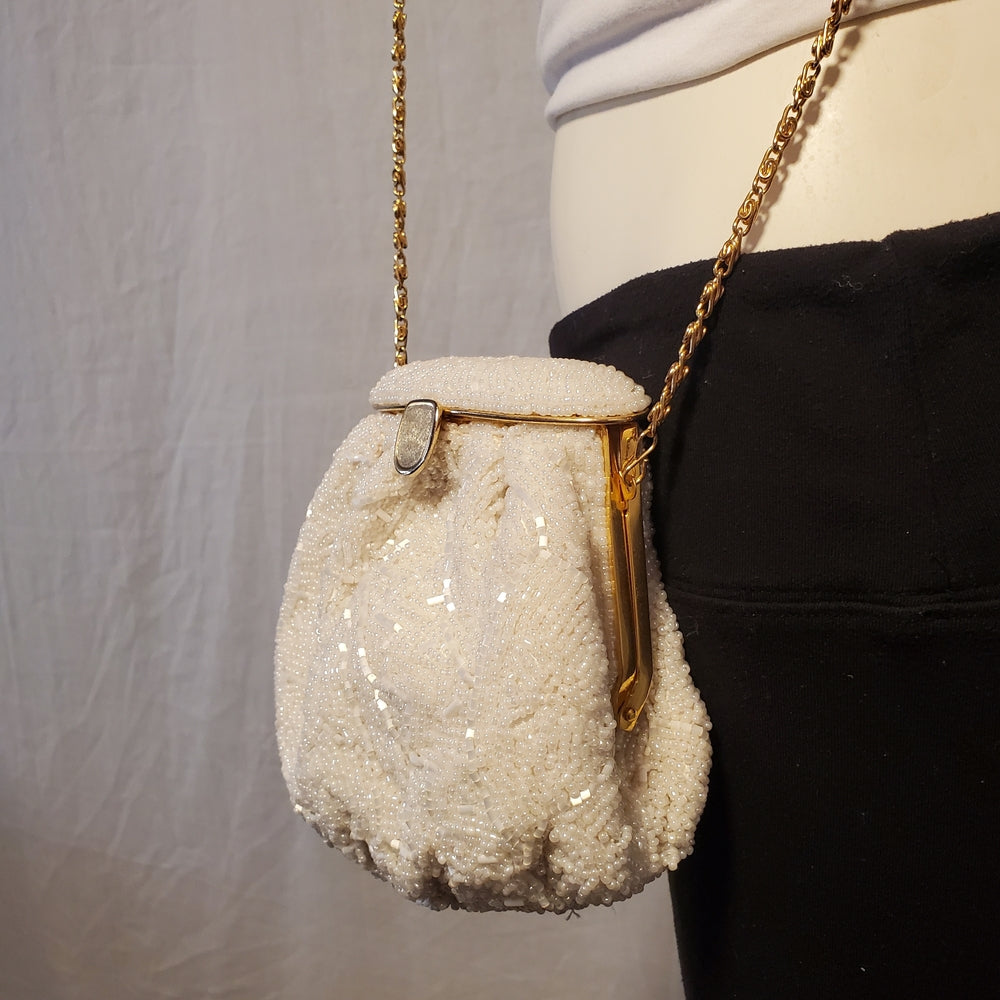 Antique 1920s White Beaded Evening Purse | Gold Chain Frame