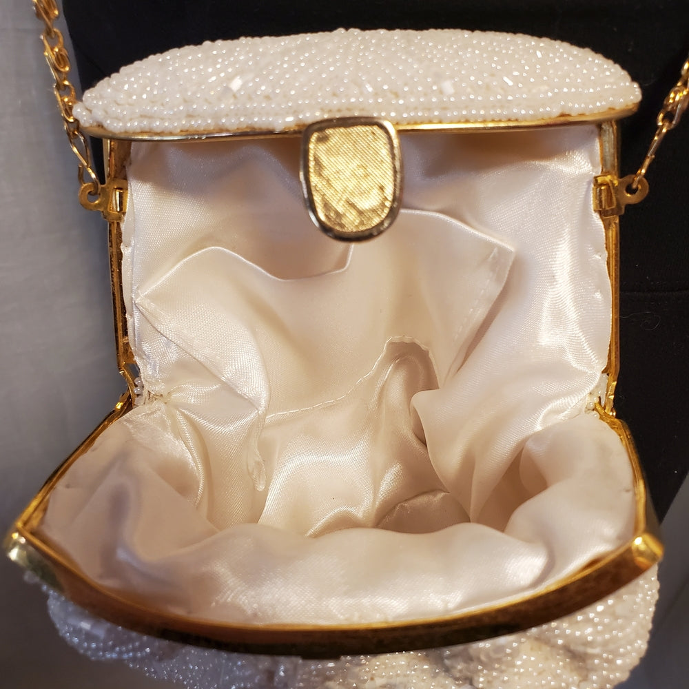 Antique 1920s White Beaded Evening Purse | Gold Chain Frame