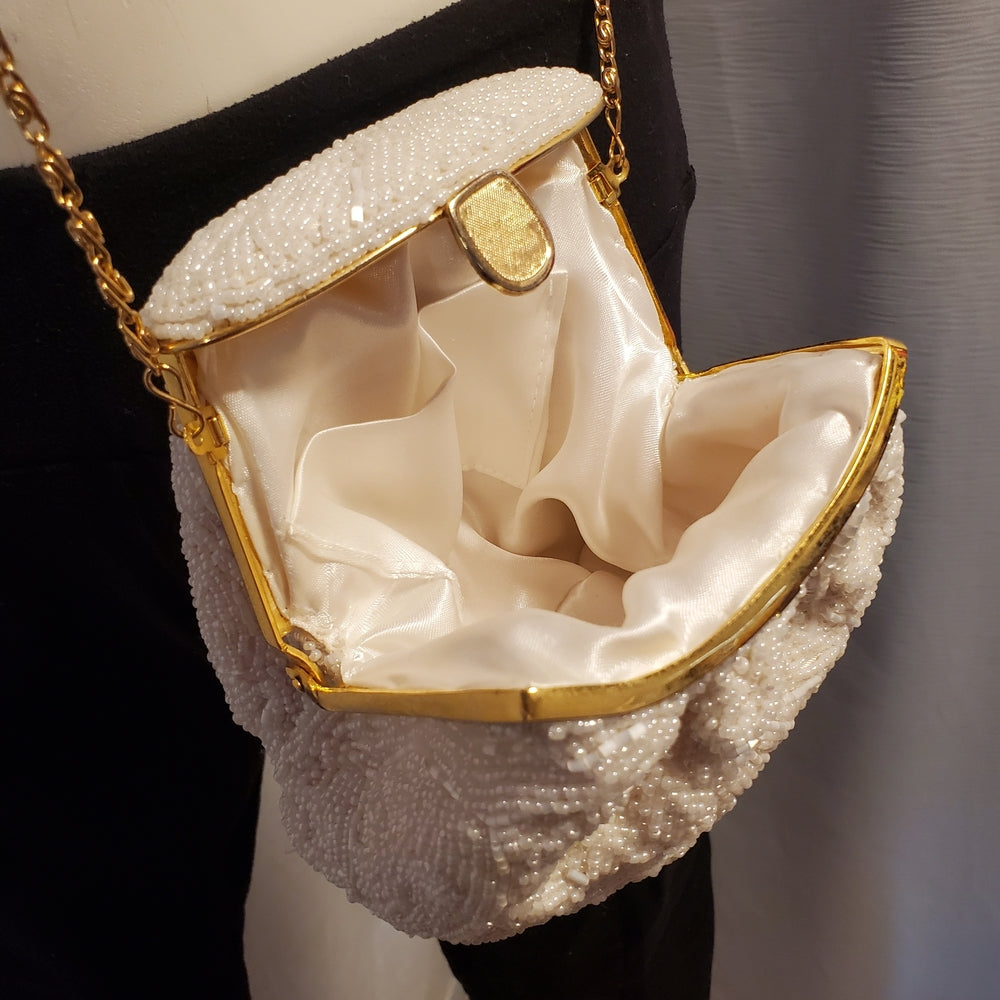 Antique 1920s White Beaded Evening Purse | Gold Chain Frame