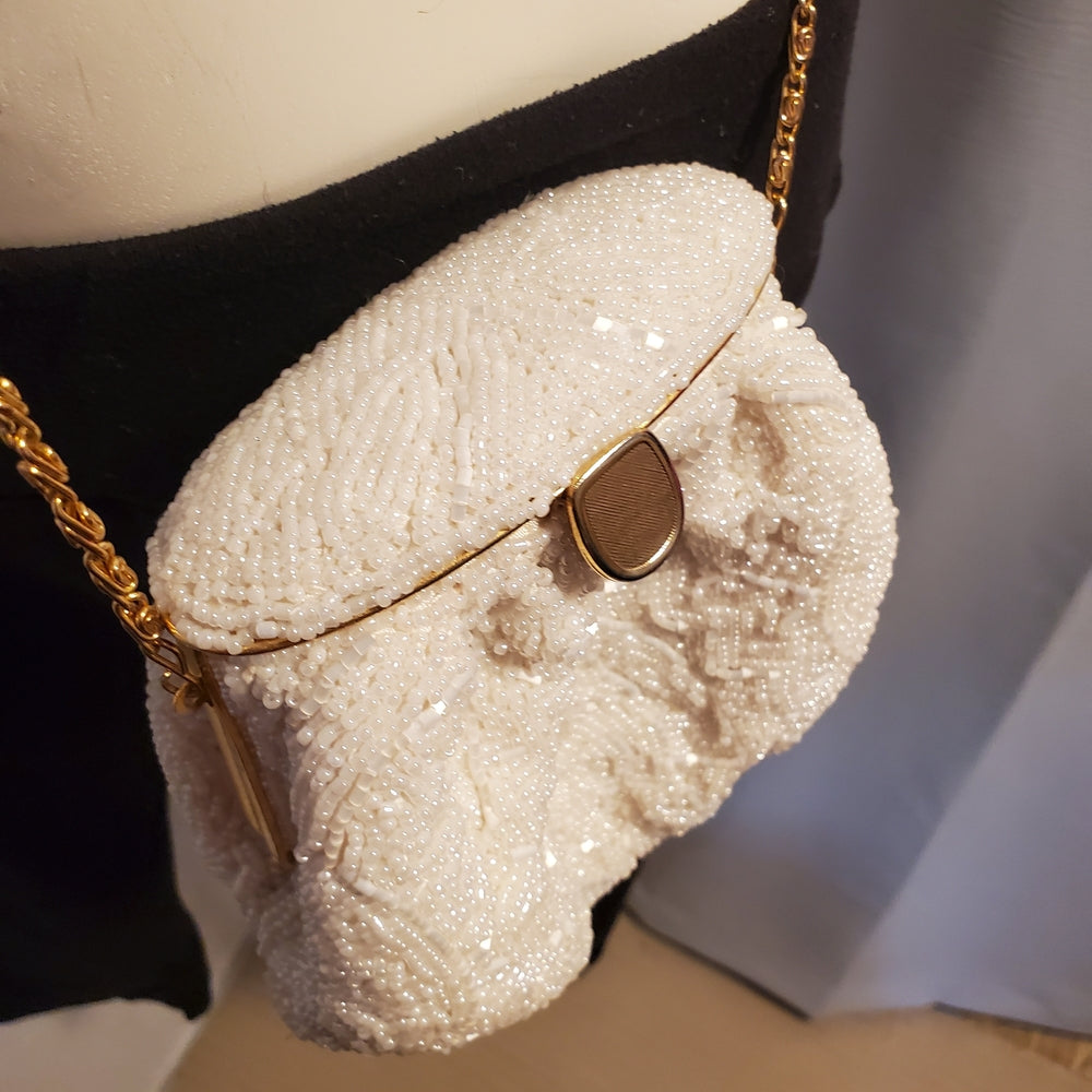 Antique 1920s White Beaded Evening Purse | Gold Chain Frame
