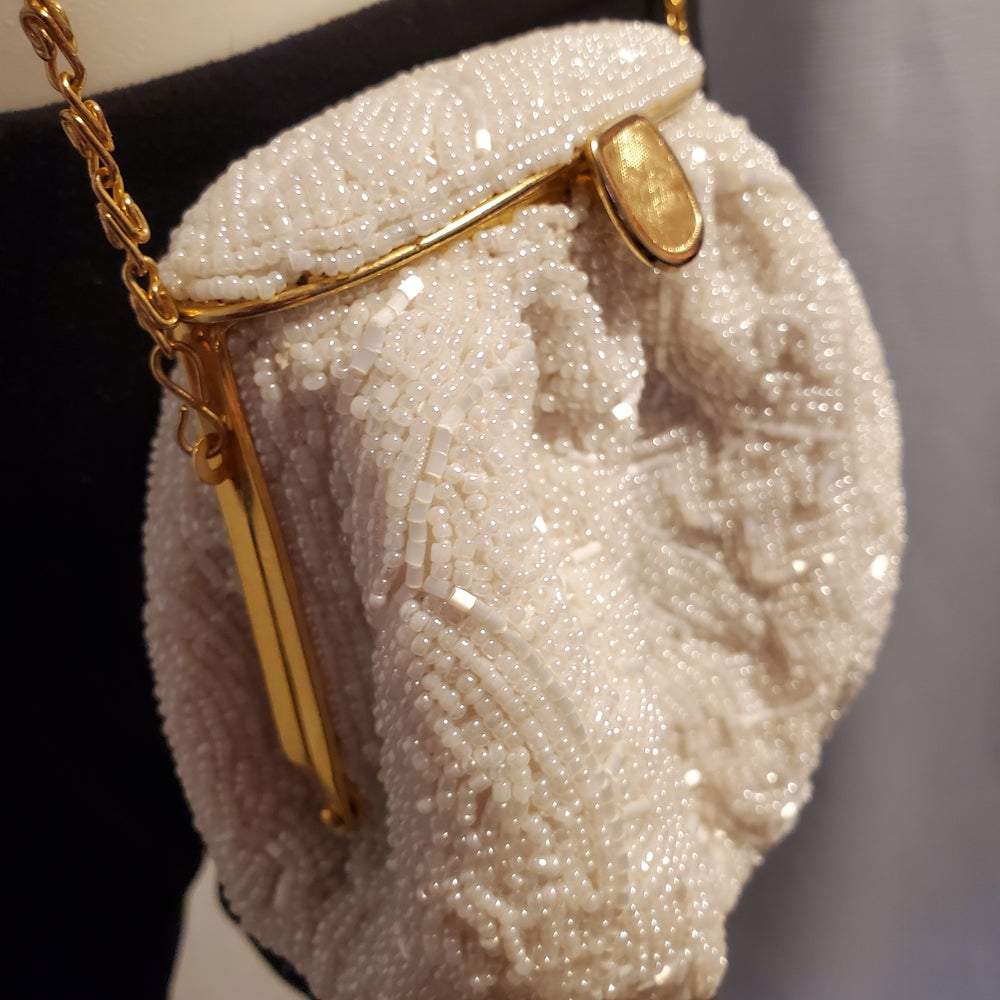 Antique 1920s White Beaded Evening Purse | Gold Chain Frame