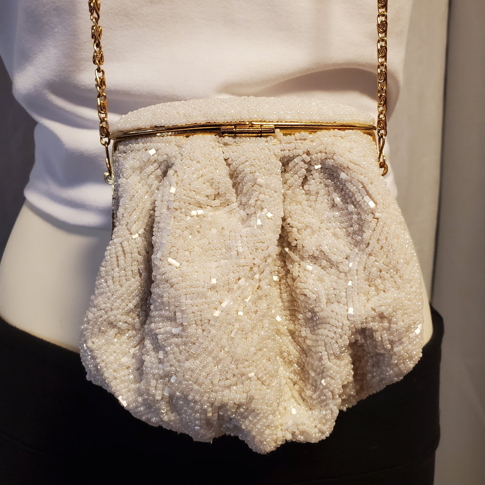 Antique 1920s White Beaded Evening Purse | Gold Chain Frame