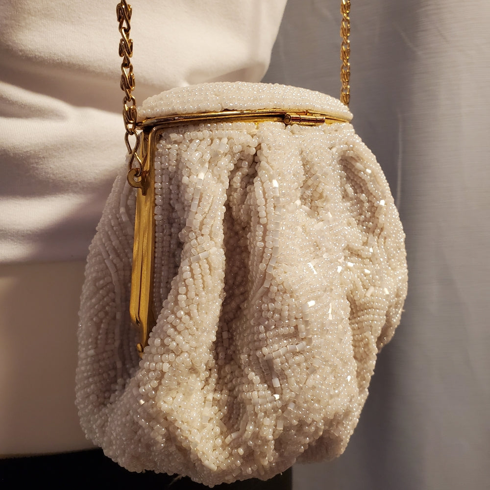 Antique 1920s White Beaded Evening Purse | Gold Chain Frame