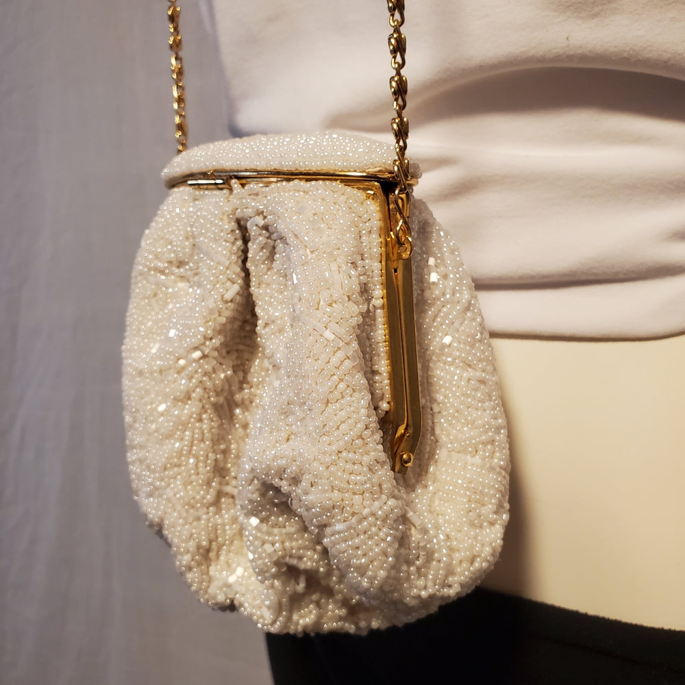 Antique 1920s White Beaded Evening Purse | Gold Chain Frame