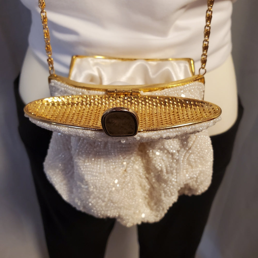 Antique 1920s White Beaded Evening Purse | Gold Chain Frame