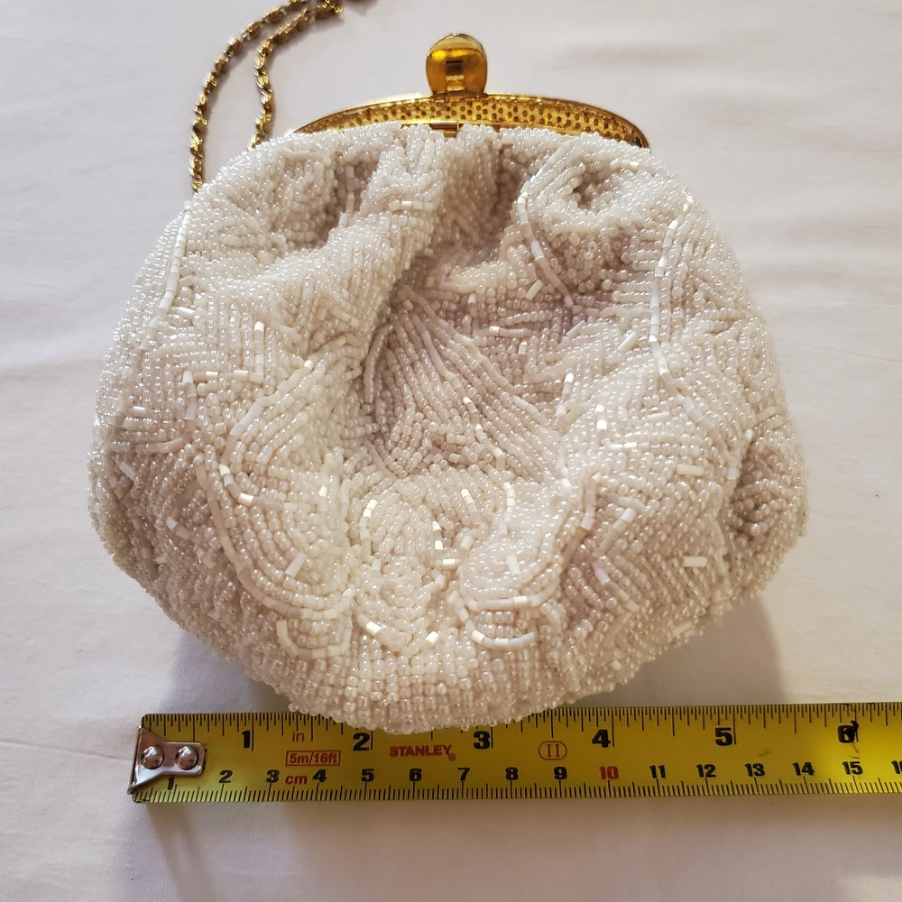 Antique 1920s White Beaded Evening Purse | Gold Chain Frame