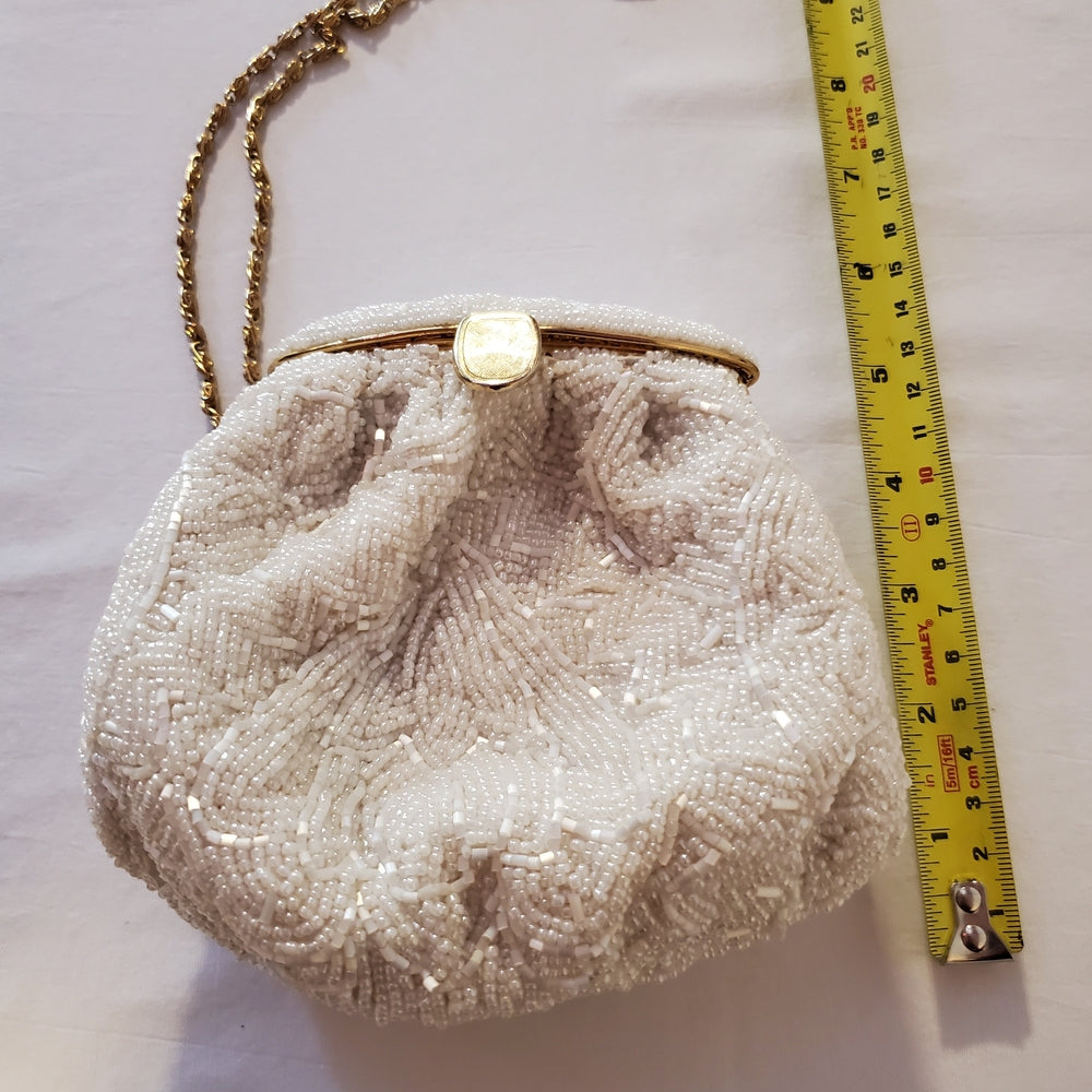 Antique 1920s White Beaded Evening Purse | Gold Chain Frame