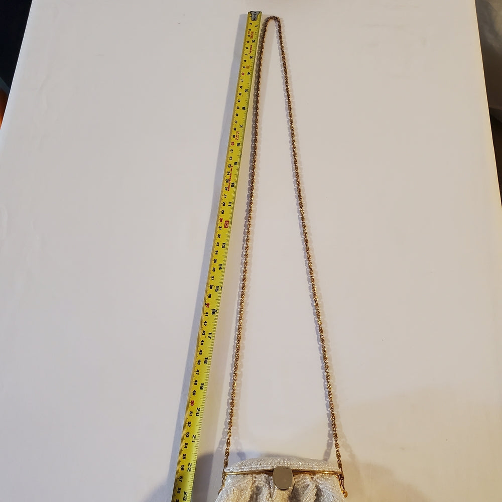 Antique 1920s White Beaded Evening Purse | Gold Chain Frame
