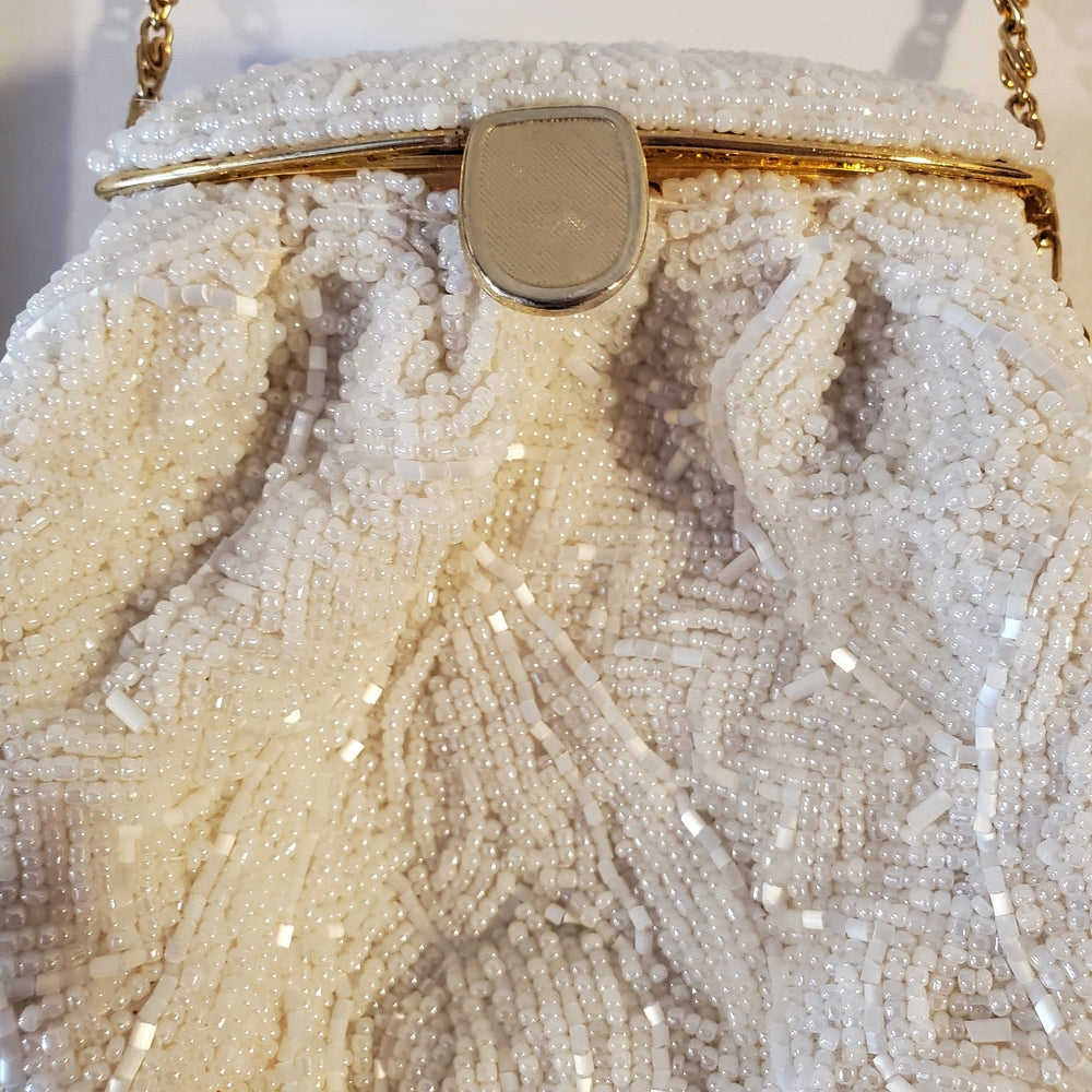 Antique 1920s White Beaded Evening Purse | Gold Chain Frame