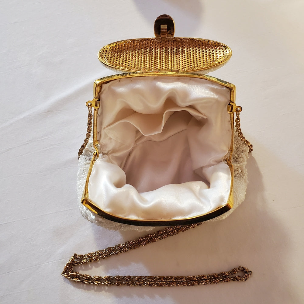Antique 1920s White Beaded Evening Purse | Gold Chain Frame