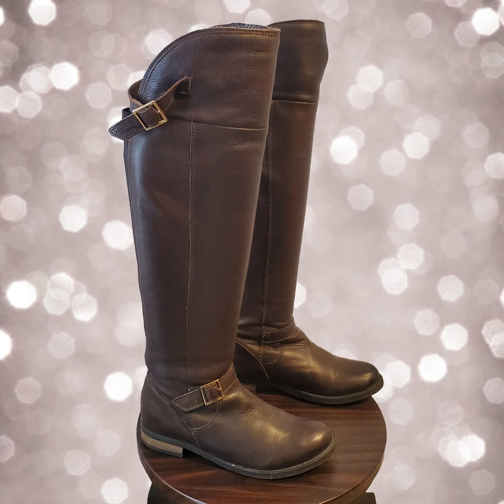 Aldo Brown Knee-High Leather Boots with Buckle -‎ Size 7.5