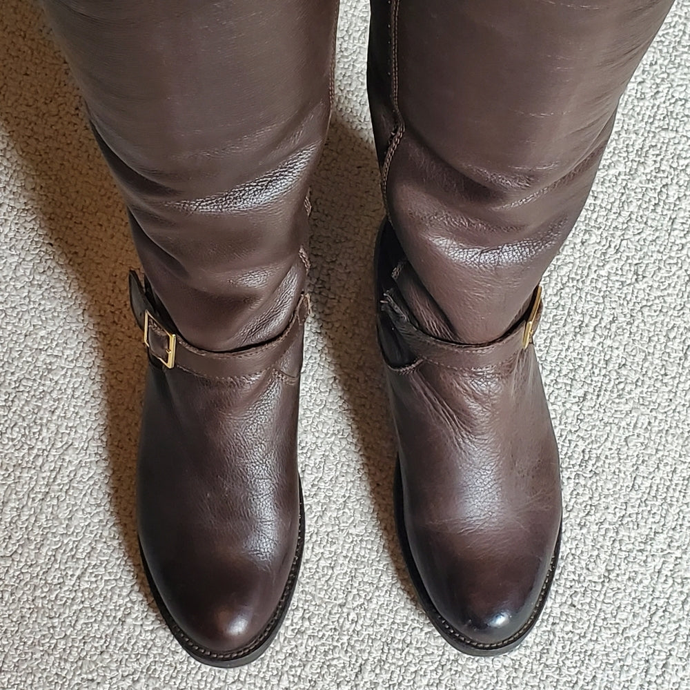 Aldo Brown Knee-High Leather Boots with Buckle -‎ Size 7.5