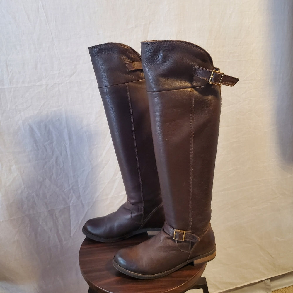Aldo Brown Knee-High Leather Boots with Buckle -‎ Size 7.5