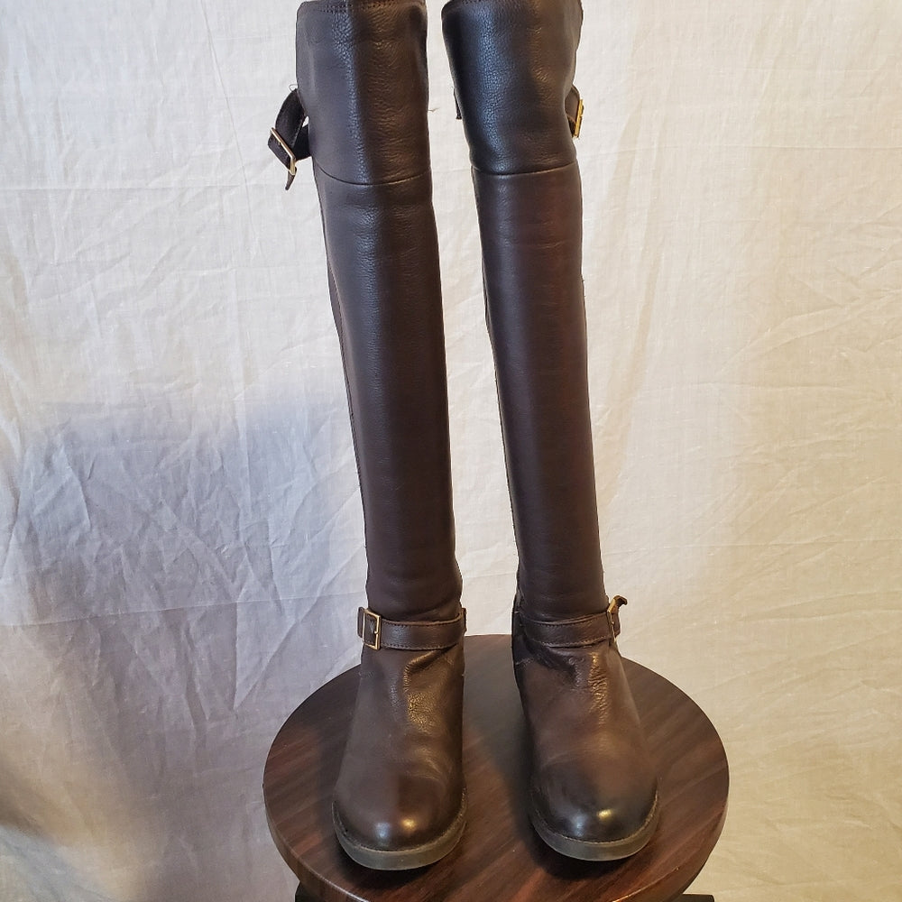 Aldo Brown Knee-High Leather Boots with Buckle -‎ Size 7.5