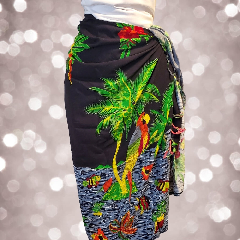 Tropical Black Sarong with‎ Green Palm Design