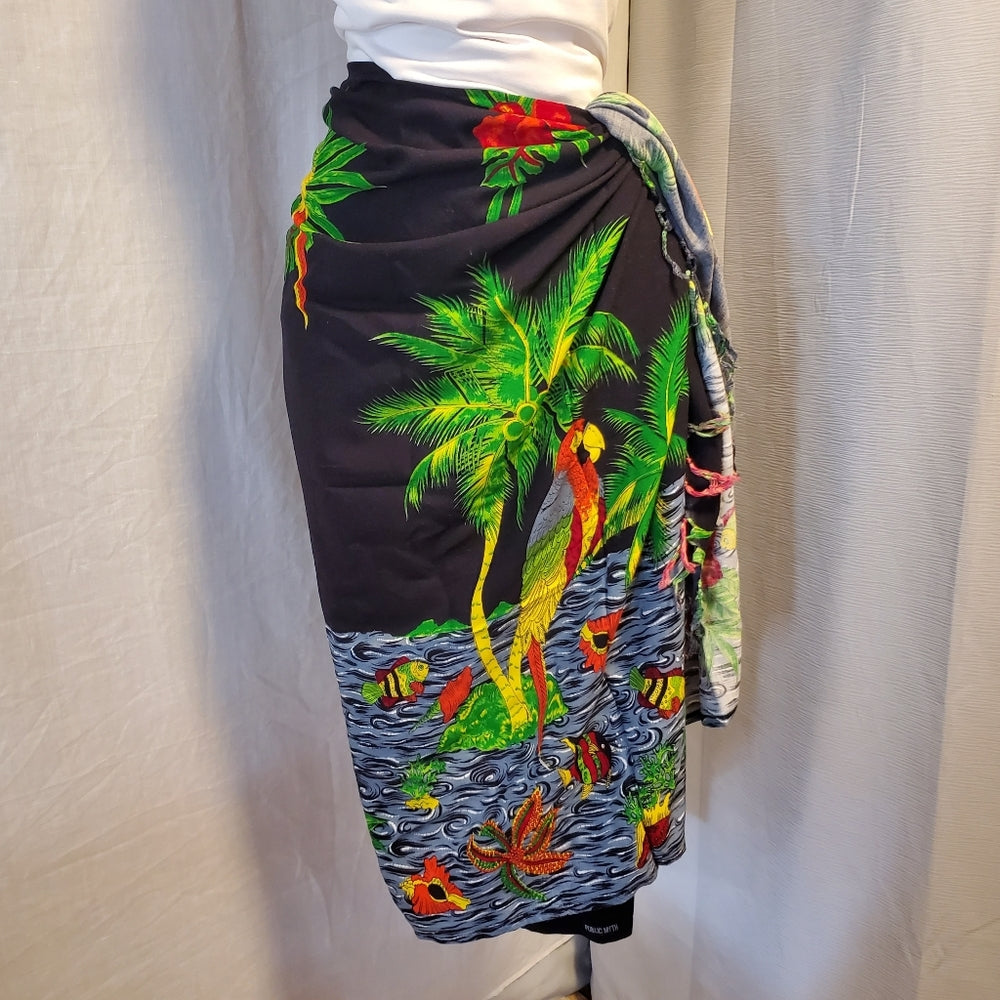 Tropical Black Sarong with‎ Green Palm Design