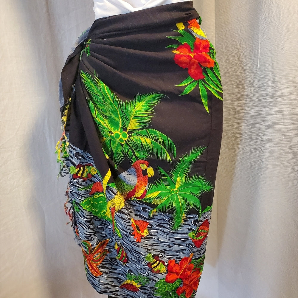 Tropical Black Sarong with‎ Green Palm Design