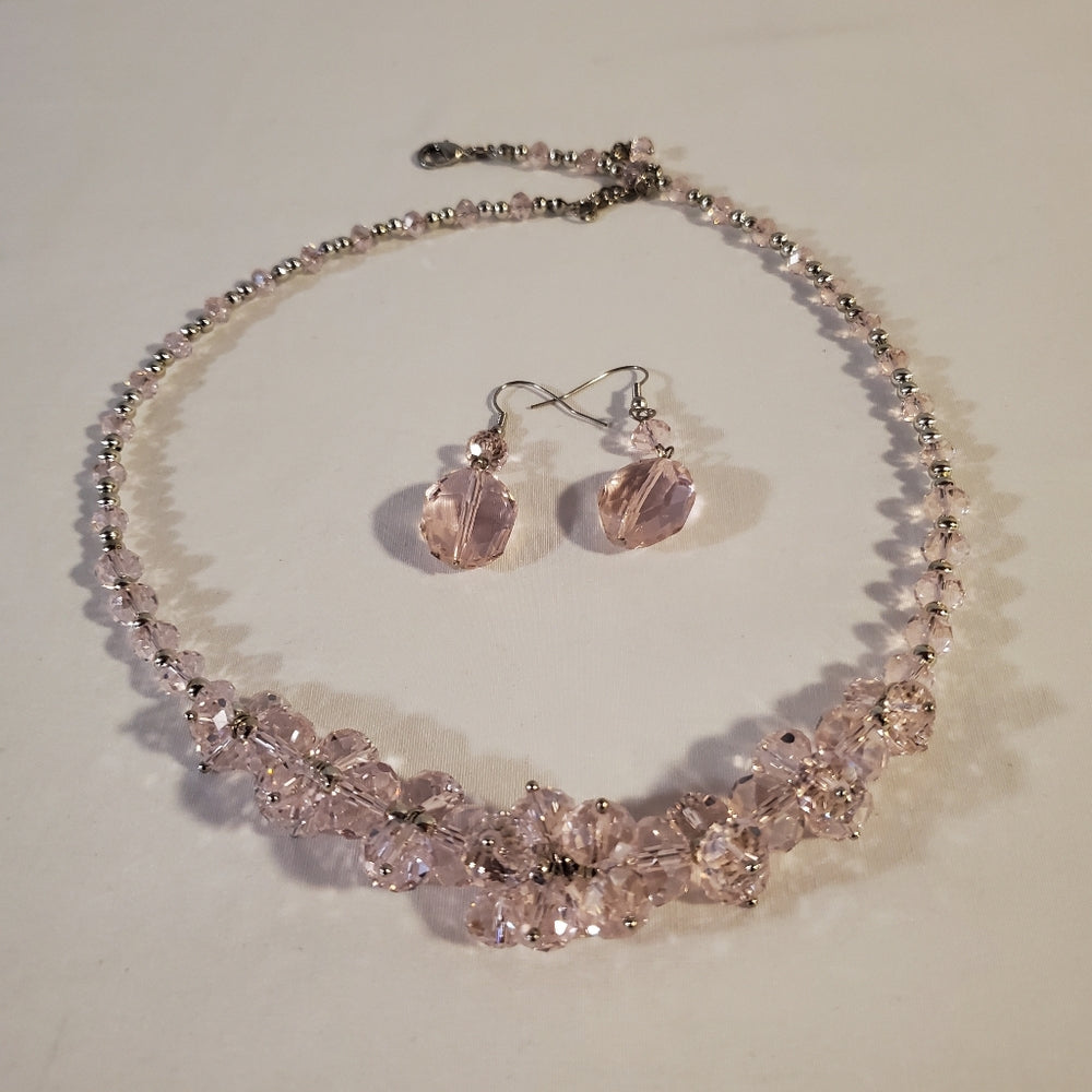 Blush faceted glass necklace with matching earrings