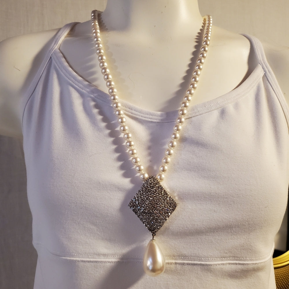 Faux Pearl Necklace & Earring Set | Rhinestone Pendant