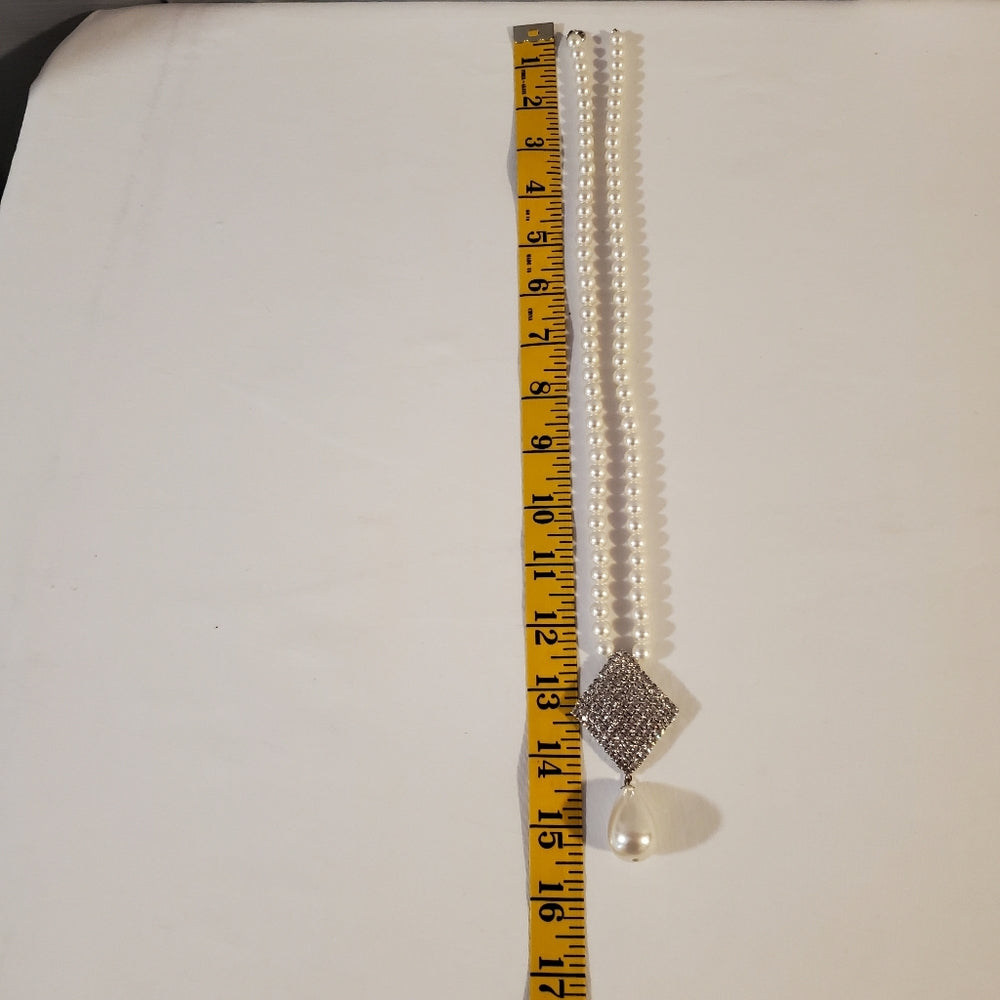 Faux Pearl Necklace & Earring Set | Rhinestone Pendant