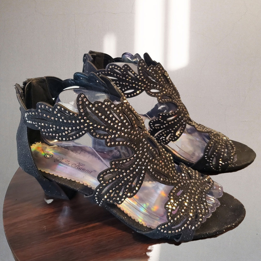Stylish Black Open-Toe Heels with Beaded Design
