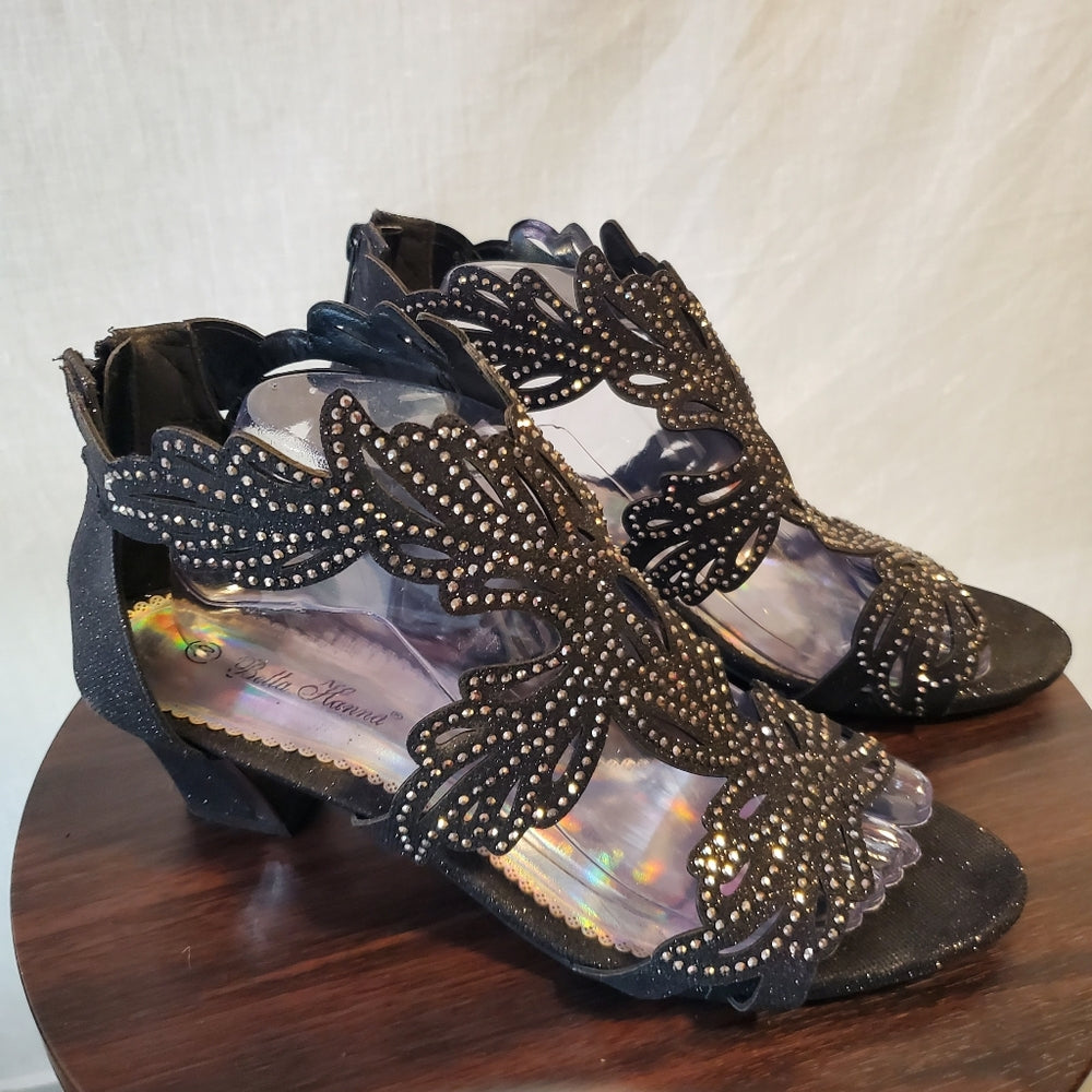 Stylish Black Open-Toe Heels with Beaded Design