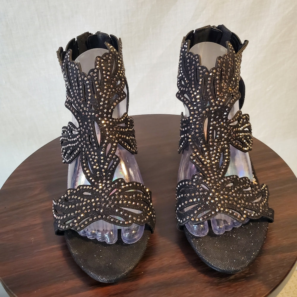 Stylish Black Open-Toe Heels with Beaded Design
