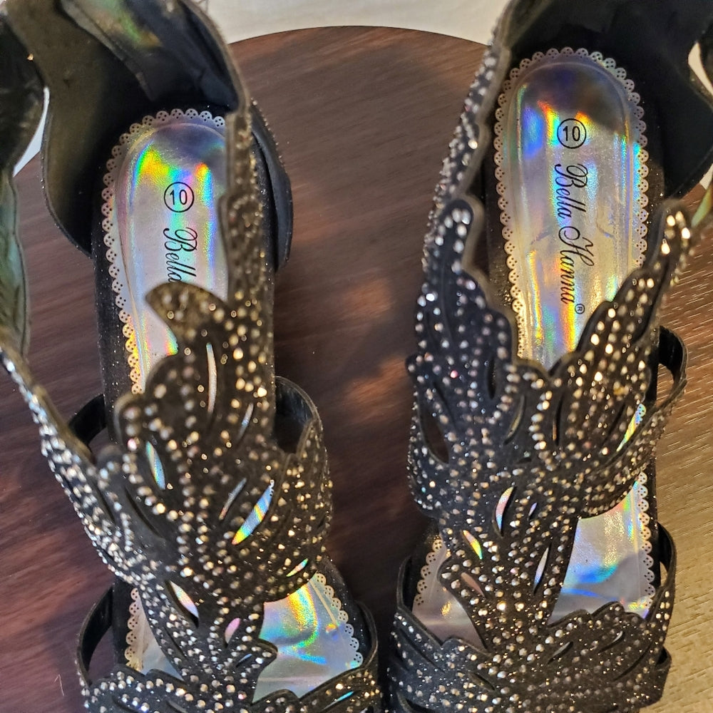 Stylish Black Open-Toe Heels with Beaded Design