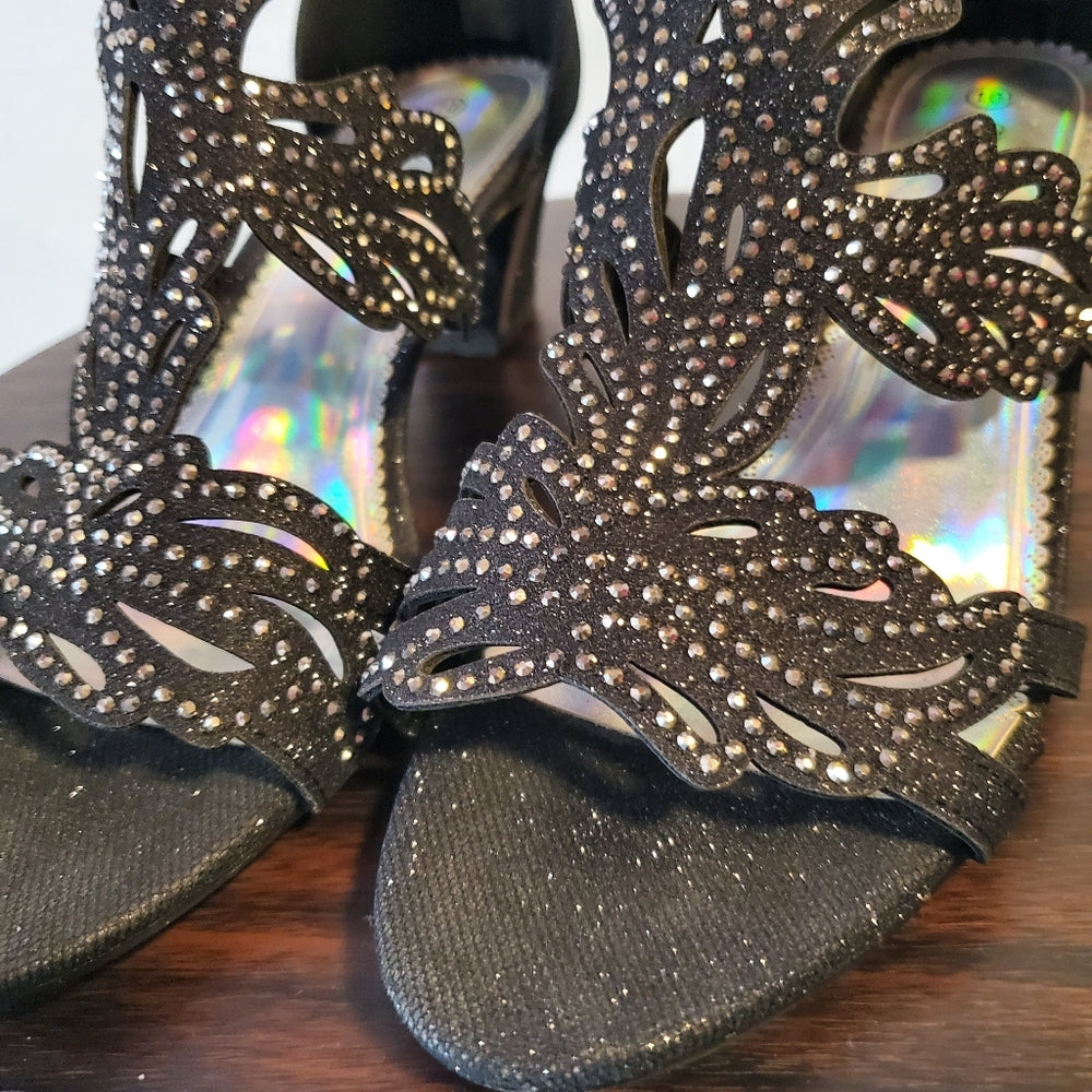 Stylish Black Open-Toe Heels with Beaded Design