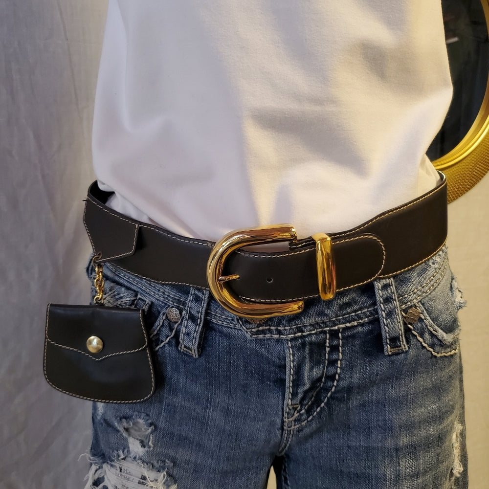 Escada Black Leather Belt with Gold Buckle