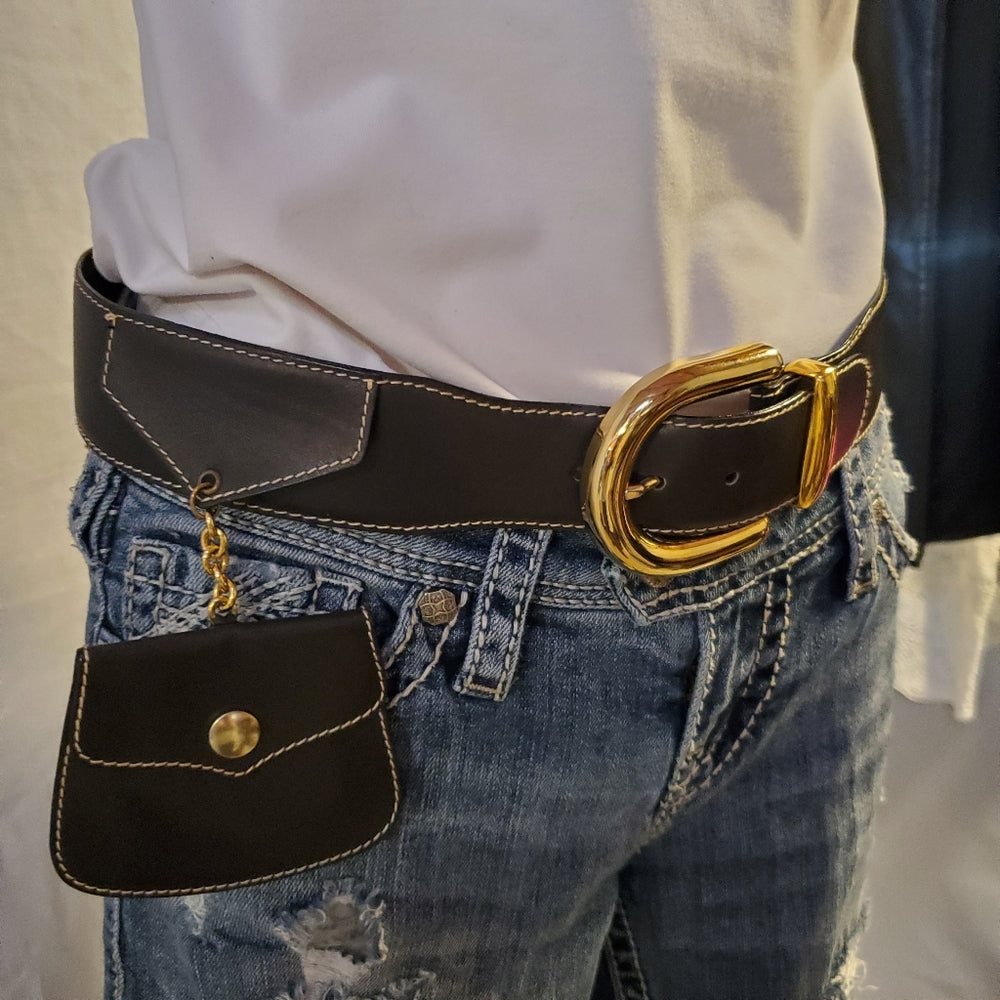 Escada Black Leather Belt with Gold Buckle