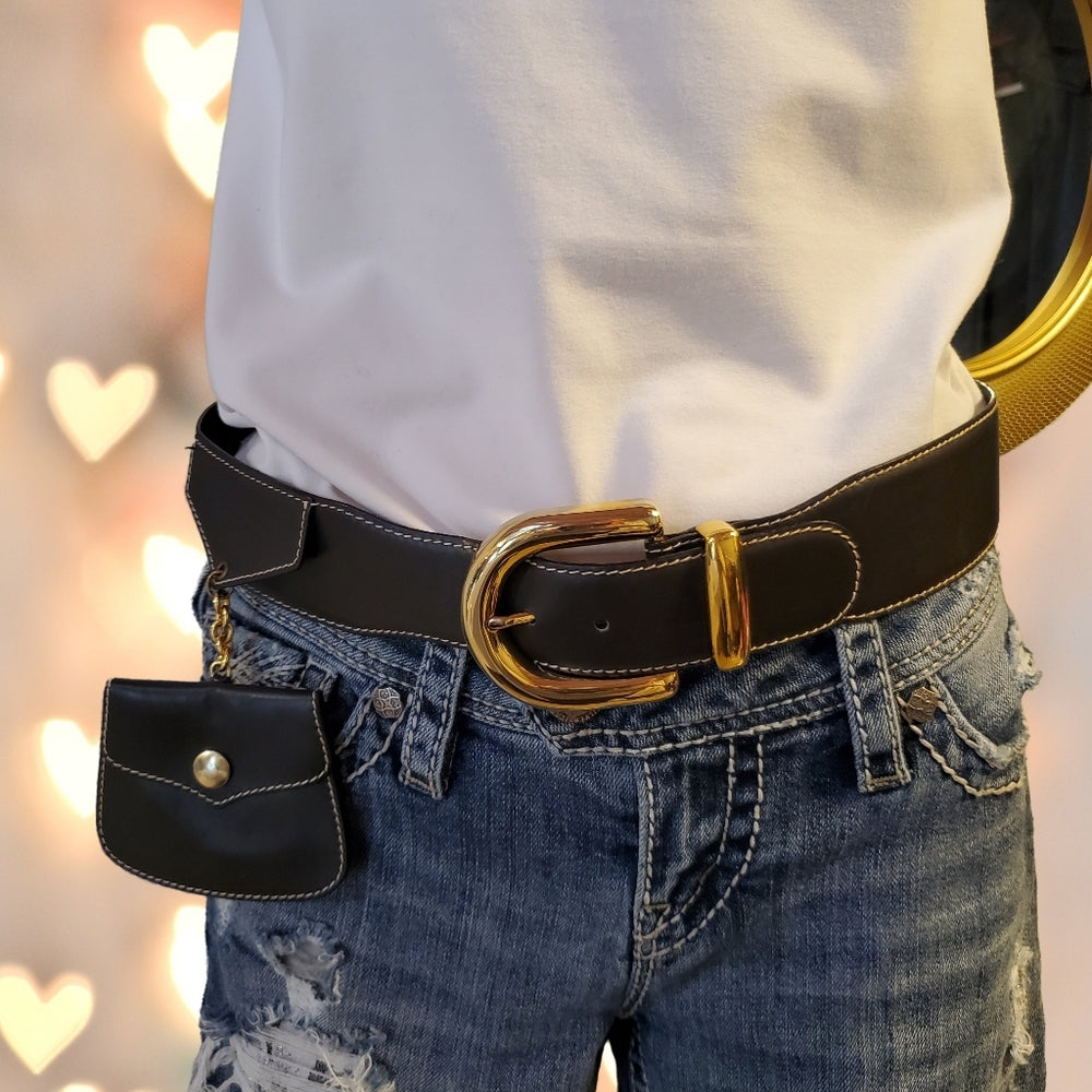 Escada Black Leather Belt with Gold Buckle