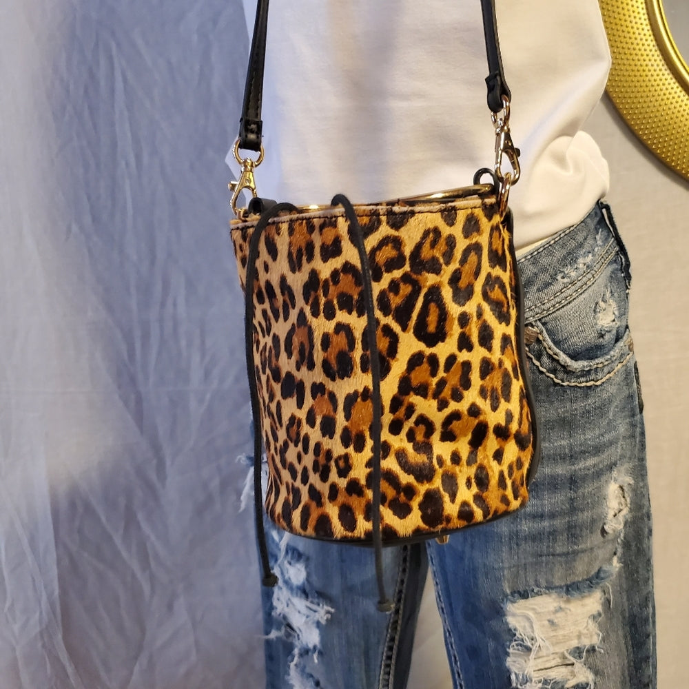 GUESS Y2K Leopard Calf Hair Bucket Bag w/ Ring Handle