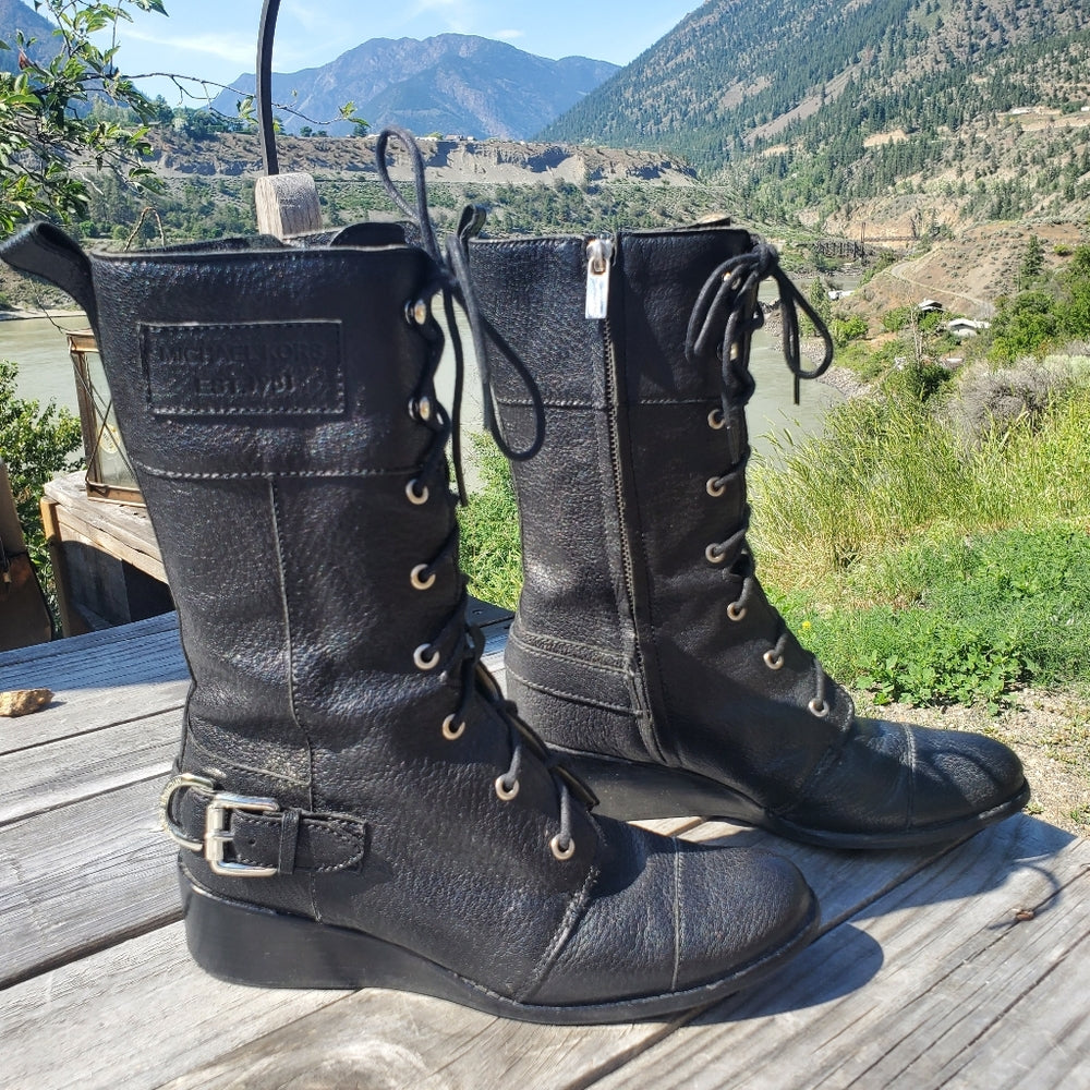 Michael Kors Leather Combat Boots with Buckle Detail - Size 6.5/7 in Excellent Condition