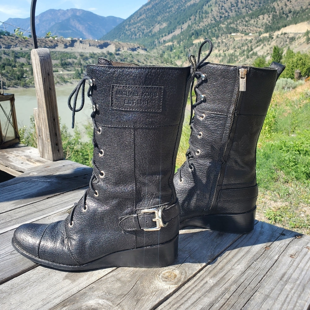 Michael Kors Leather Combat Boots with Buckle Detail - Size 6.5/7 in Excellent Condition