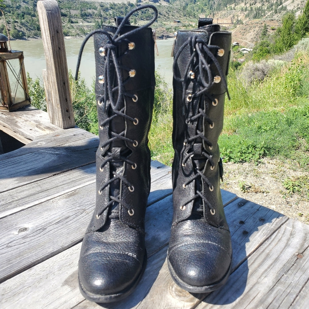 Michael Kors Leather Combat Boots with Buckle Detail - Size 6.5/7 in Excellent Condition