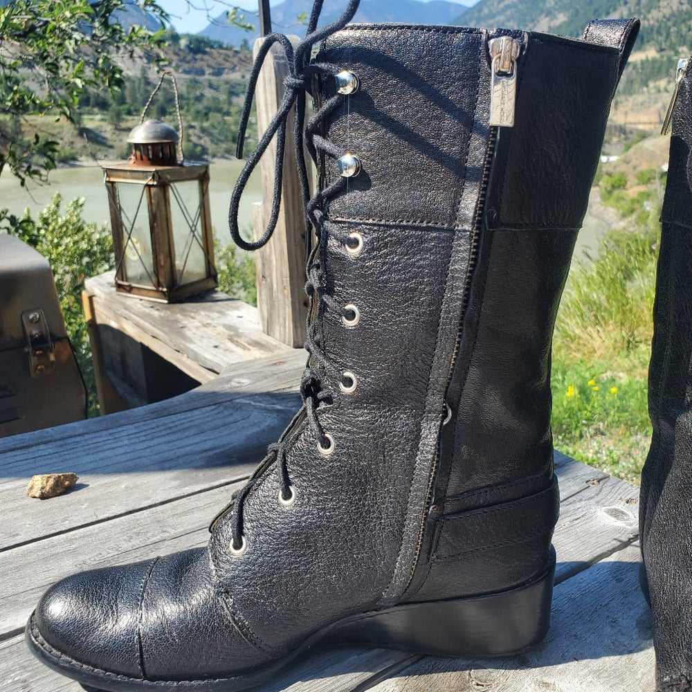 Michael Kors Leather Combat Boots with Buckle Detail - Size 6.5/7 in Excellent Condition