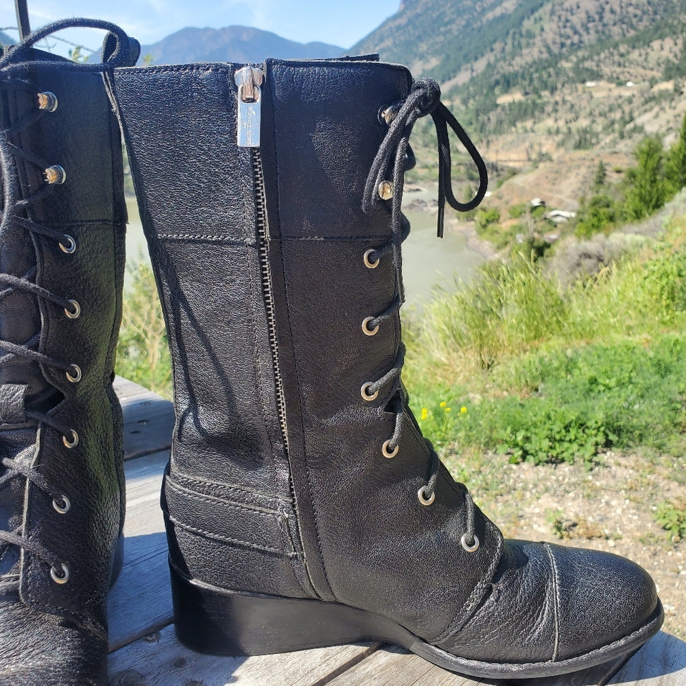 Michael Kors Leather Combat Boots with Buckle Detail - Size 6.5/7 in Excellent Condition